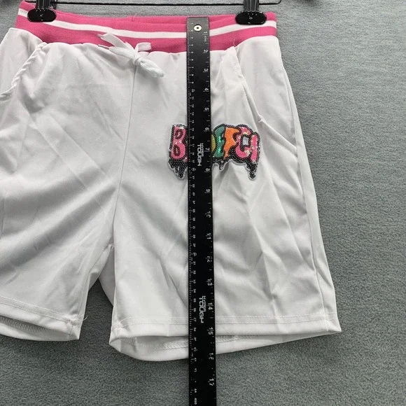 Women White Bodycon Shirts & Shorts with Sequined Front Logo Set Size XXL (A41) - Picture 10 of 13